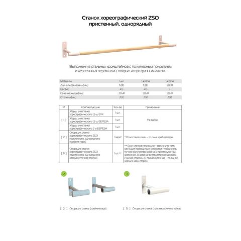 Станок хореографический однорядный пристенный (береза) 2 м Zavodsporta